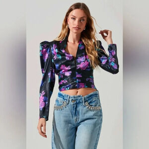 ASTR The Label Lilli Floral Puff Sleeve Tie Waist Top Size Small